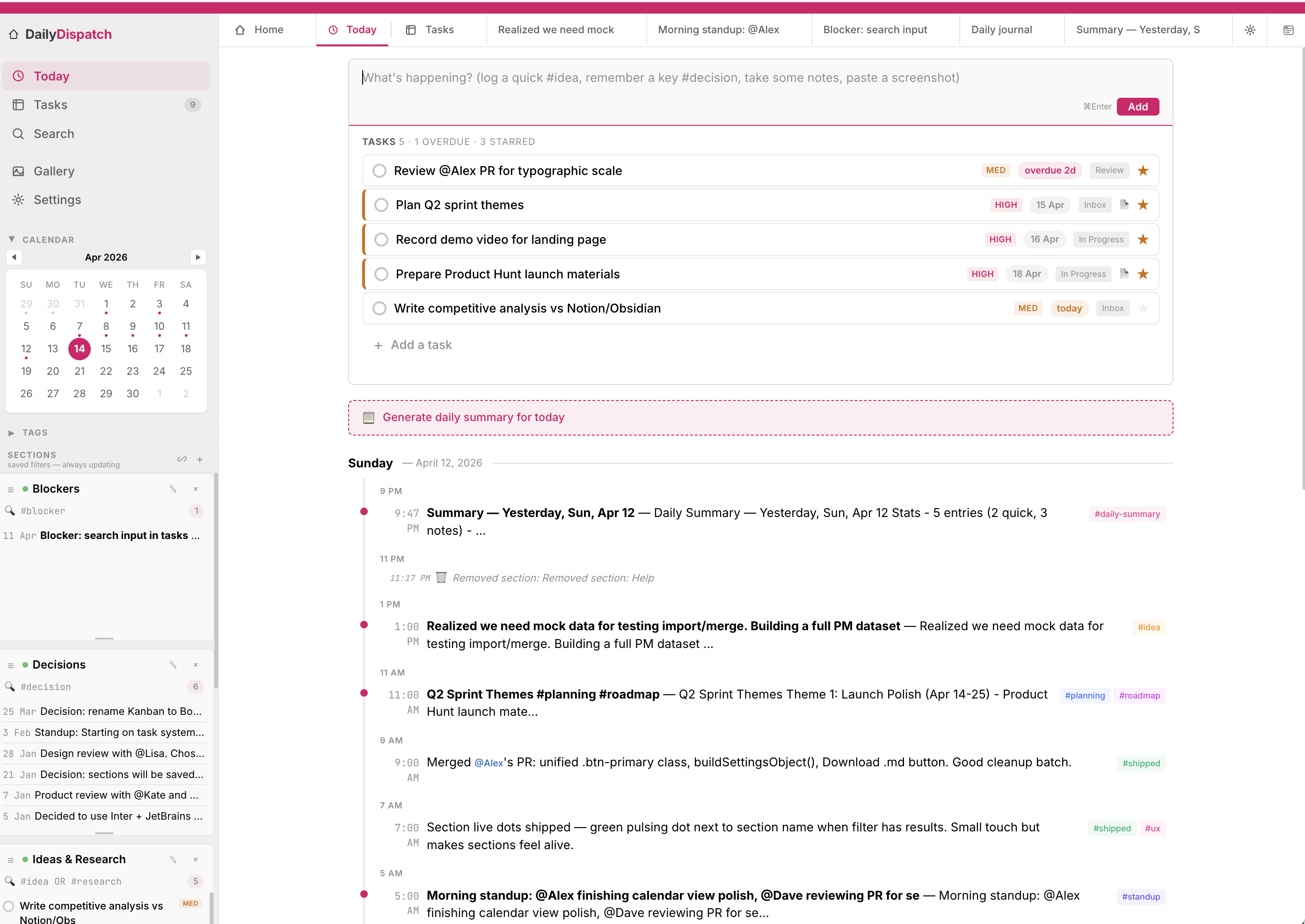 DailyDispatch main daily screen with feed, tasks, and smart lists